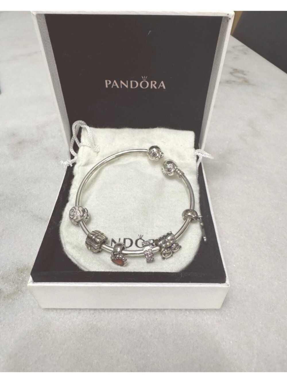 VTG.Pandora Bangle Bracelet-and 6 Sterling Charms